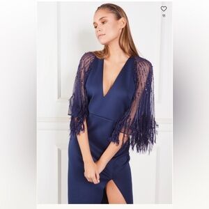 Elegant Navy Midi Dress with Sheer Sleeves